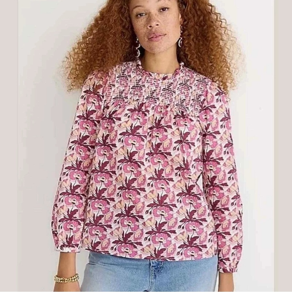 J. Crew Smocked button-back Top Liberty Butterfield Poppy Organic Cotton M $89